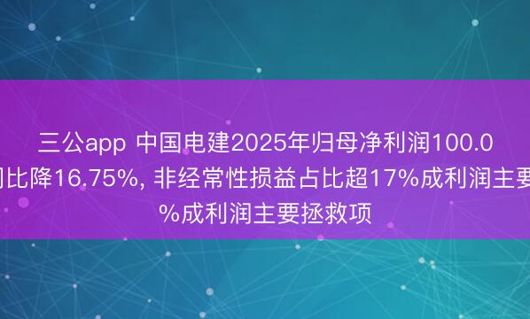 三公app 中国电建2025年归母净利润100.07亿元同比降16.75%， 非经常性损益占比超17%成利润主要拯救项