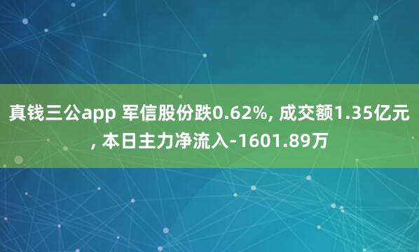真钱三公app 军信股份跌0.62%， 成交额1.35亿元， 本日主力净流入-1601.89万